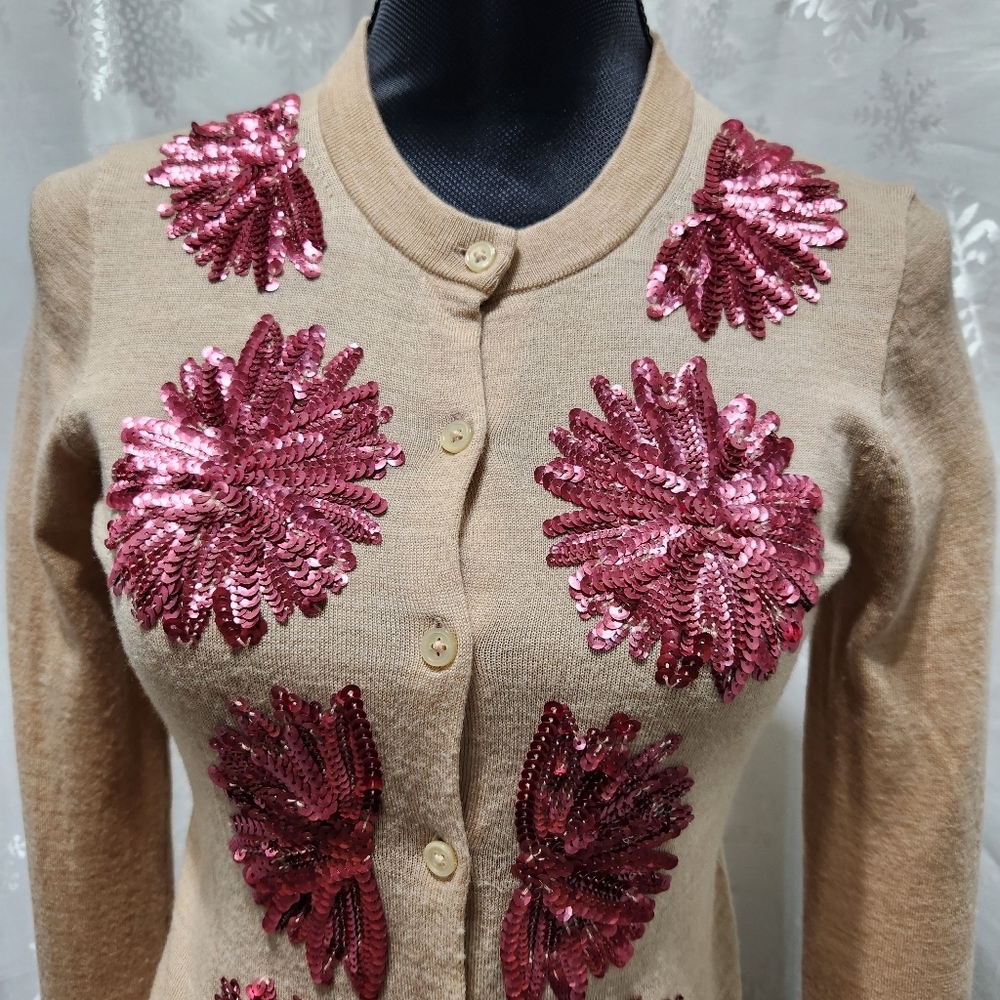 J CREW Fine Knit Merino Wool Jackie Sweater Cardigan with Rose Sequins (S) - Picture 3 of 12